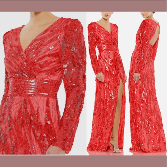 NWT $598 Mac Duggal [ 10 ] Embellished Long‎ Sleeve Open Back Slit Gown Red - Picture 1 of 16